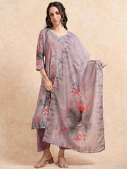 Lavender Digital Printed Hand work Embroidered A-Line Kurti, Pant and Dupatta Set